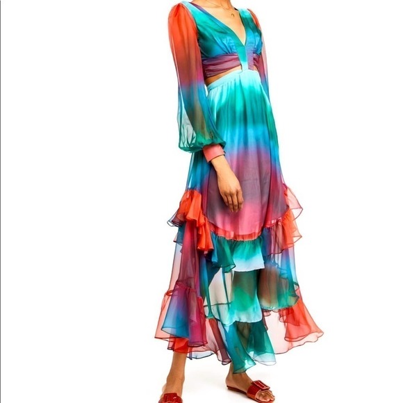 PATBO Sunset Cutout Maxi Dress Red blue green ruffle tiered 12 Rare - Picture 2 of 12